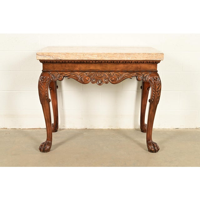 English Baker Furniture Chippendale Carved Walnut Marble Top Console Table With Paw Feet For Sale - Image 3 of 12