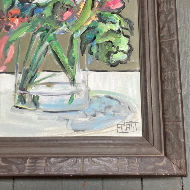 Abstract Contemporary Original Abstract Bouquet Still Life Painting on Canvas Vintage Frame For Sale - Image 3 of 4