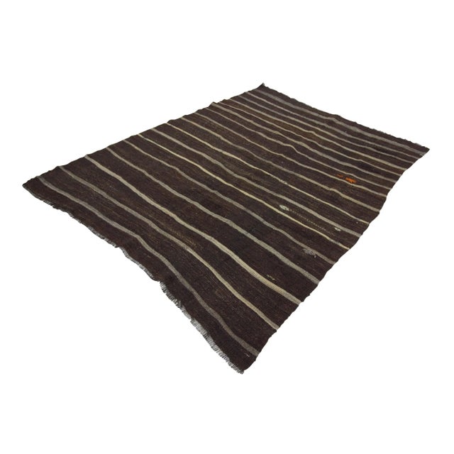 1960s Vintage Striped Brown Kilim Rug- 6′7″ × 8′8″ For Sale - Image 4 of 7