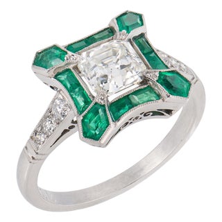 Art Deco Style Diamond Emerald Platinum Ring, Size 6.75 For Sale