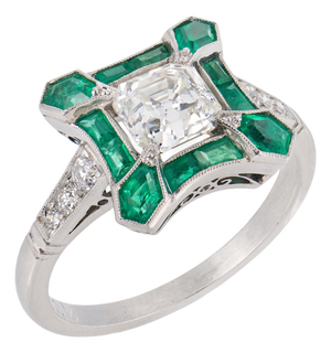 Art Deco Style Diamond Emerald Platinum Ring, Size 6.75