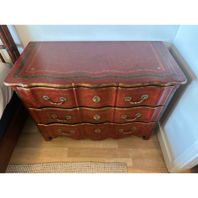 Theodore Alexander Red Leather-Wrapped Serpentine Three-Drawer Chest With Gilt Decoration For Sale - Image 11 of 16