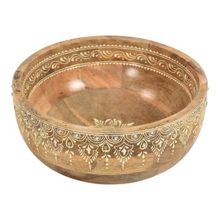 Handcrafted Wood Fruit Bowl With Embossed Floral Design | 10 Inch Round Decorative Table Centerpiece | Kitchen Dining Housewarming Gift For Sale