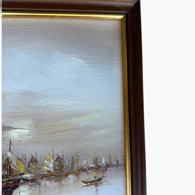 Chinese Vintage Chinese Junk Boat Painting Small Framed Oil Harbor Scene - Signed Ngai Sing For Sale - Image 3 of 6