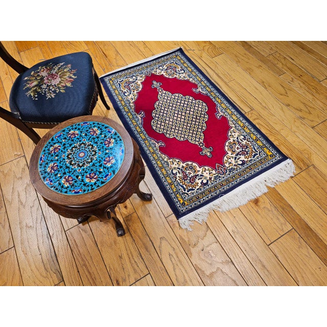 Vintage Persian Qum Area Rug, Hand-Knotted Wool, Geometric Medallion Pattern, 3x5, Red & Navy For Sale - Image 9 of 18