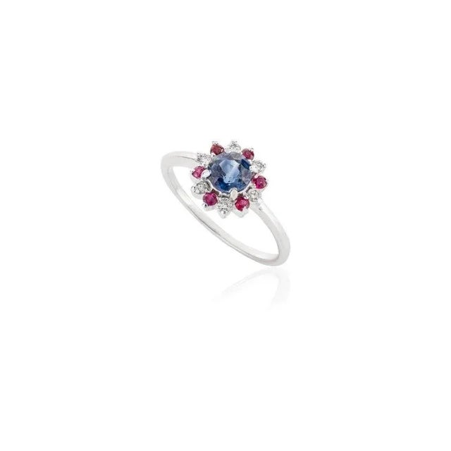 Art Deco Sapphire Ruby Flower Wedding Ring With Diamonds in 14k White Gold Size 7 For Sale - Image 3 of 13