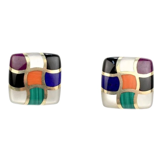 Asch Grossbardt Mosaic Multi-Gemstone Inlaid 14 Karat Gold Clip Earrings - 2 Pieces For Sale