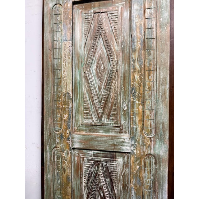 Antique Green Floral Carved Door | Handcrafted Indian Sliding Closet Barn Door 96x29.5 For Sale - Image 4 of 8