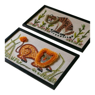 1970s Framed Crewel Embroidery Wall Art – Lion & Tiger – Acrylic Shadow Box Frame – Textile Art Pair For Sale
