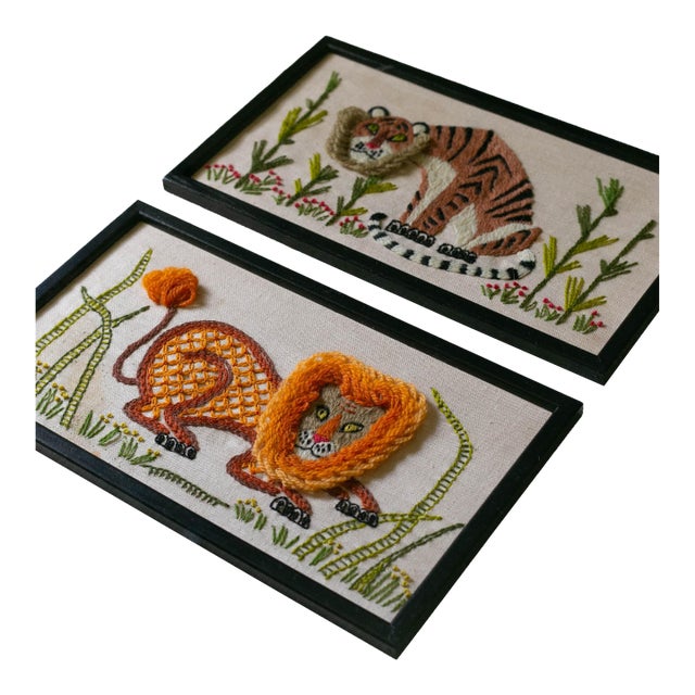 1970s Framed Crewel Embroidery Wall Art – Lion & Tiger – Acrylic Shadow Box Frame – Textile Art Pair For Sale