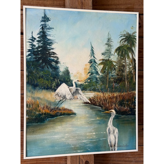 Vintage Old Florida Egret Landscape Painting by Debra Pate Daniels For Sale - Image 11 of 11