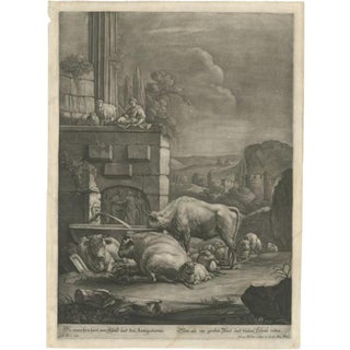 Large Antique Engraving of a Pastoral Scene with Cows and Sheep, 1770 For Sale