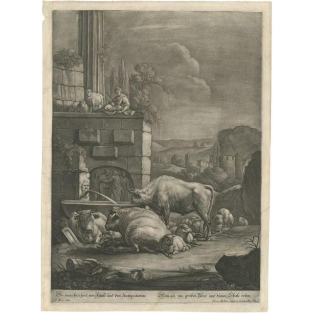 Large Antique Engraving of a Pastoral Scene with Cows and Sheep, 1770 For Sale