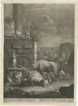 Large Antique Engraving of a Pastoral Scene with Cows and Sheep, 1770