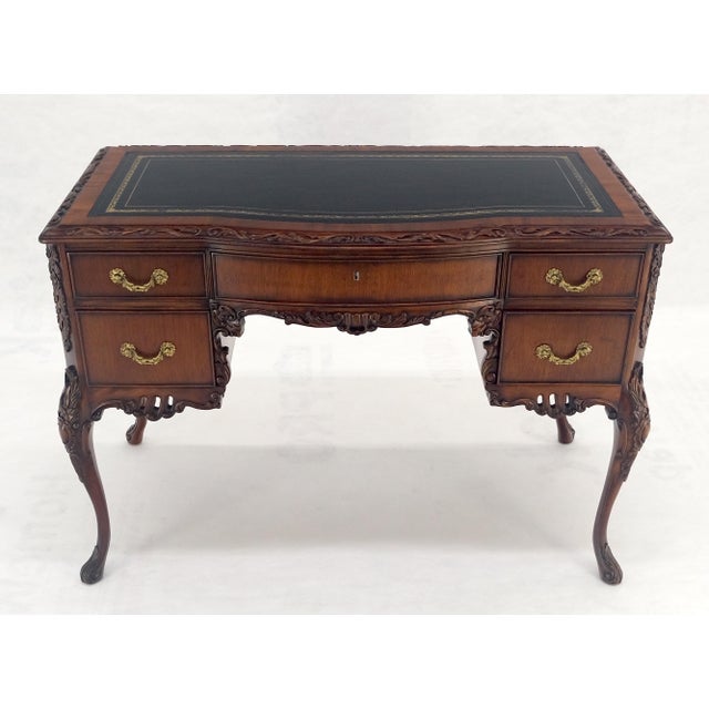Metal Carved Mahogany Embossed Black Leather Top Petit Compact 5 Drawers Desk MINT For Sale - Image 7 of 14