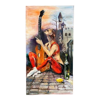 Large Original Oil Painting on Canvas Contemporary Art Young Woman With a Guitar For Sale