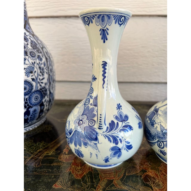 Pair Petite Vintage Delft Vases Blue & White Windmilll Hand Painted Bud Vases For Sale - Image 16 of 18