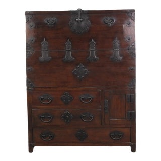Two Part Dark Brown Antique Korean Cabinet Chest For Sale
