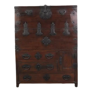 Two Part Dark Brown Antique Korean Cabinet Chest