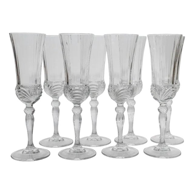 Vintage Italian Melodia Champagne Glasses in Cut Crystal, 1980s, Set of 8 For Sale
