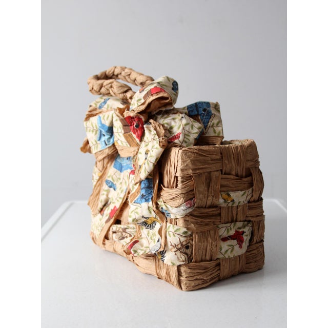 Mid 20th Century Vintage Woven Paper Basket With Bird Print Fabric For Sale - Image 5 of 11