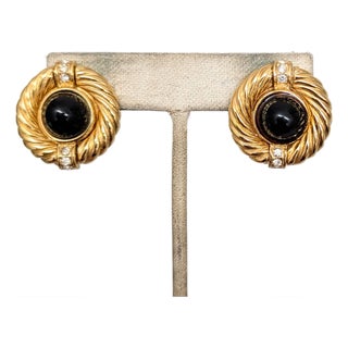 Vintage 1980s Signed Givenchy Goldtone Faux-Onyx Cabochon Pierced Earrings-2 Pieces For Sale