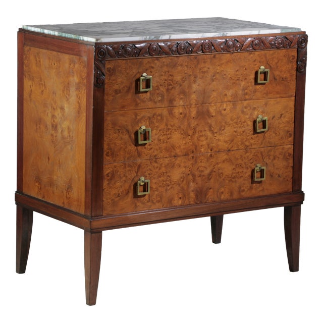 French Art Deco Chest of Drawers in Burl Veneer with Marble Top, 1930 For Sale