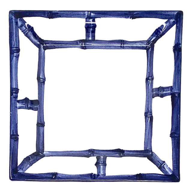 Fret Rim Tray — Italian Hand-Painted Ceramic, Bamboo Motif, Navy For Sale