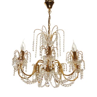 Antique Brass and Lead Crystal 7-Light Chandelier from Preico, 1980s For Sale