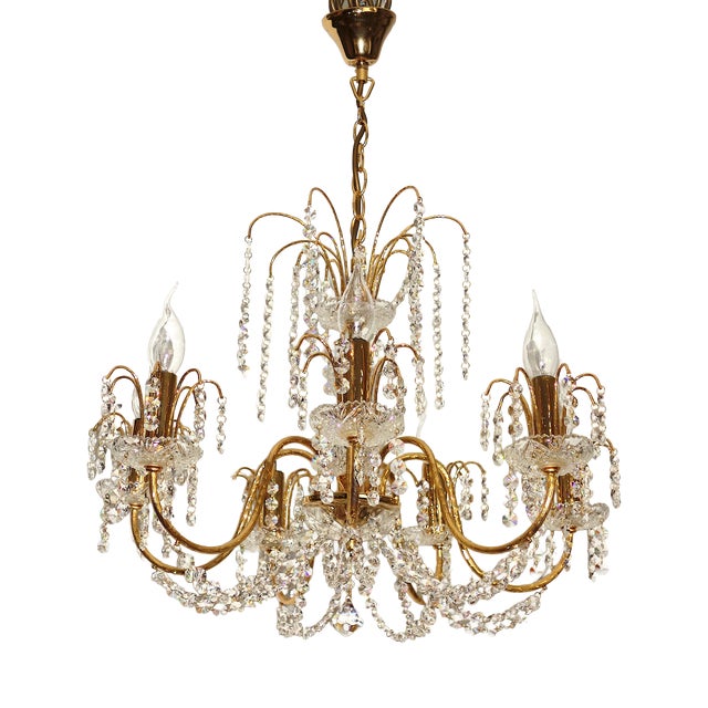 Antique Brass and Lead Crystal 7-Light Chandelier from Preico, 1980s For Sale