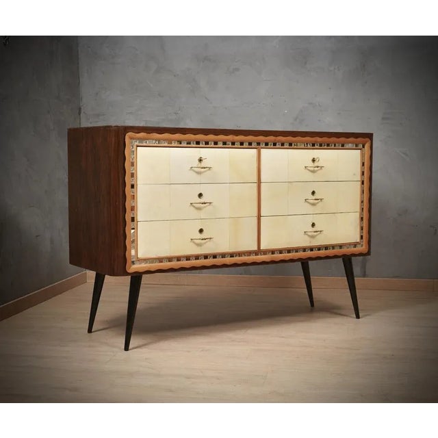 Italian Art Deco Walnut, Goat Skin and Brass Chest of Drawers, 1950 For Sale - Image 9 of 9
