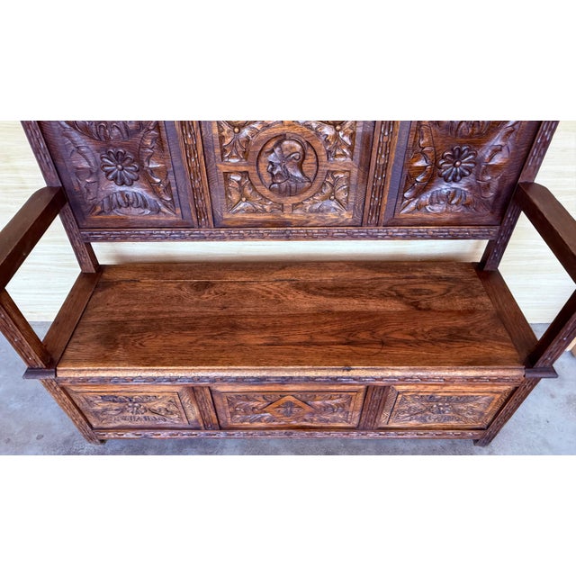 19th Spanish Carved Large Hall Bench with Storage For Sale - Image 12 of 18