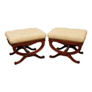 French Style Carved Mahogany Pair X Base Tufted Stools, Ottomans For Sale