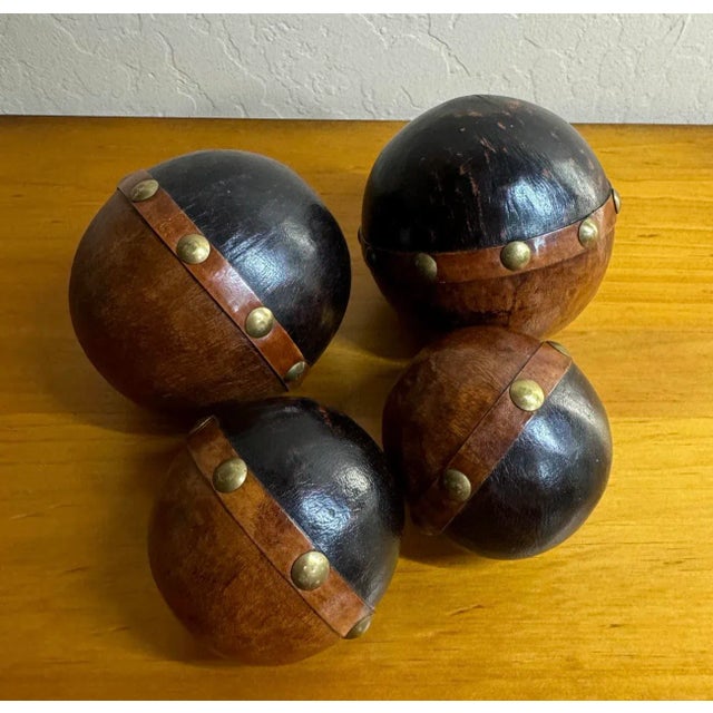 Late 20th Century Brass Studded Leather Clad Wood Decorative Balls Spheres Orbs- Set of 4 For Sale - Image 9 of 11