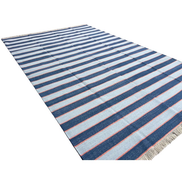 Not Yet Made - Made To Order Handmade Cotton Area Rug, Vegetable Dyed, Blue and Orange Striped Dhurrie -6'x9' For Sale - Image 5 of 13