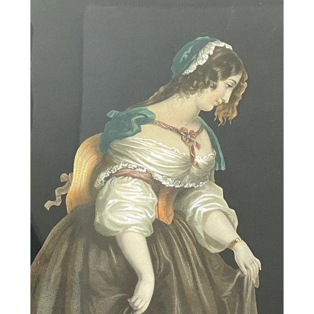 Antique 1890s English Lithograph "Imprudence" With Hand Colored Surround in inner gold color accented black frame with...