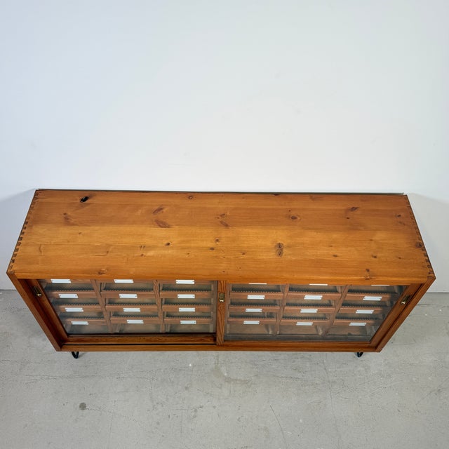 Vintage German Pine Sideboard with 24 Drawers and Glass Sliding Doors, 1960s For Sale - Image 13 of 14