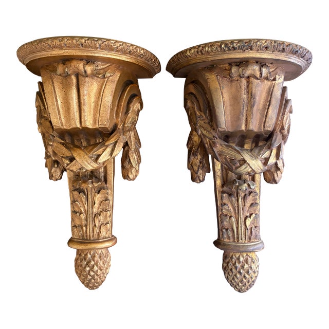Large Italian Neoclassical Gilt Foliate Wall Sconce Shelves by Borghese, Pair For Sale