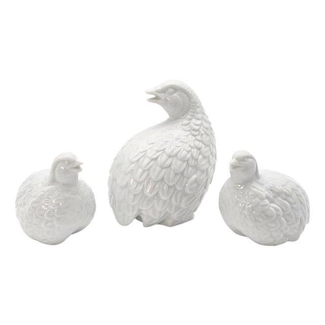 Set of Three Mid-Century Japanese White Porcelain Quail Figurines For Sale