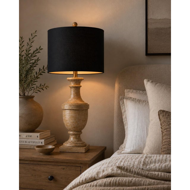 Pair of Belgian Modern French Provincial Turned Urn Table Lamps with New 16" Black Linen Drum Shades Make a dramatic...