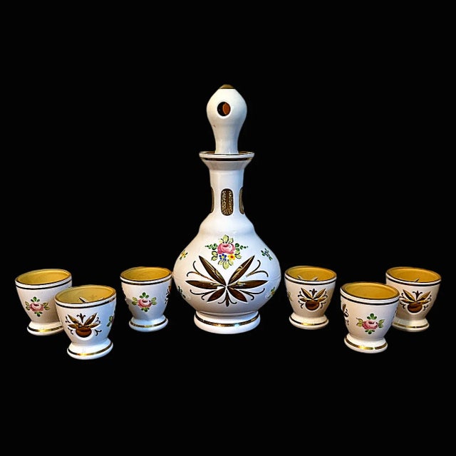 Antique Bohemian White Art Glass Cut to Amber Cordial Decanter & 6 Glasses Beautiful set of Bohemian encased art glass,...