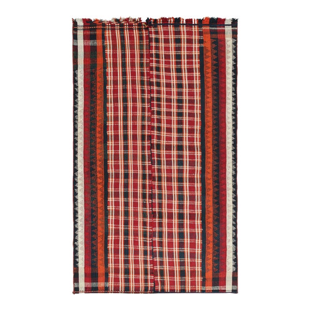 1950s Vintage Persian Kilim in Red With Plaid Multicolor Stripes by Rug & Kilim For Sale