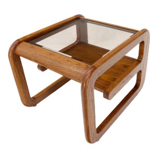 Smoked Glass Oak Base Floating Shelf Side End Table For Sale