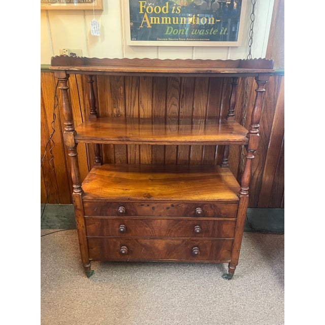 Wood Antique Mahogany English Etegere Dumb Waiter Three Tiered Trolly With Drawers For Sale - Image 7 of 9