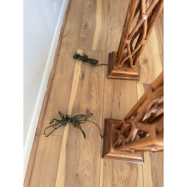 Late 20th Century Tall McGuire Style Rattan Lattice Floor Lamps - a Pair For Sale - Image 10 of 12