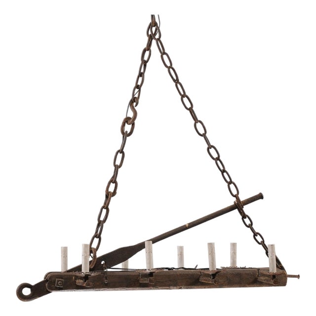 Mid 20th Century French Oblong Wood & Iron Chandelier For Sale
