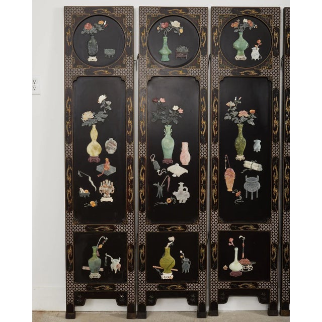 Chinese Chinese Export Six Panel Hardstone Lacquer Screen For Sale - Image 3 of 13