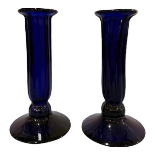 Pair of Antique Cobalt Blue Glass Candlesticks, Fluted Column Form For Sale