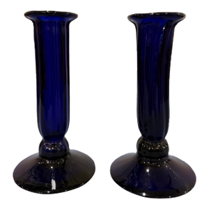 Pair of Antique Cobalt Blue Glass Candlesticks, Fluted Column Form
