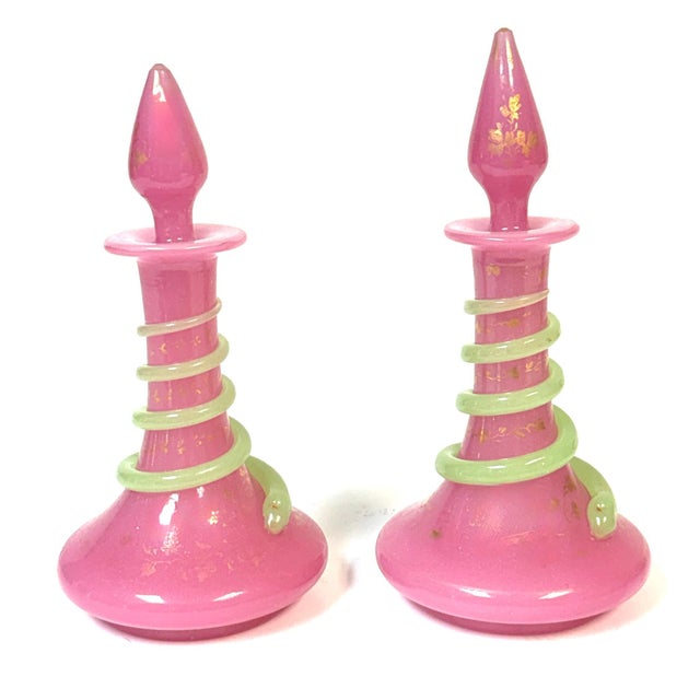 Pink Pair French Pink Opaline Perfume Bottles with Green Serpents Attrib. Baccarat For Sale - Image 8 of 13
